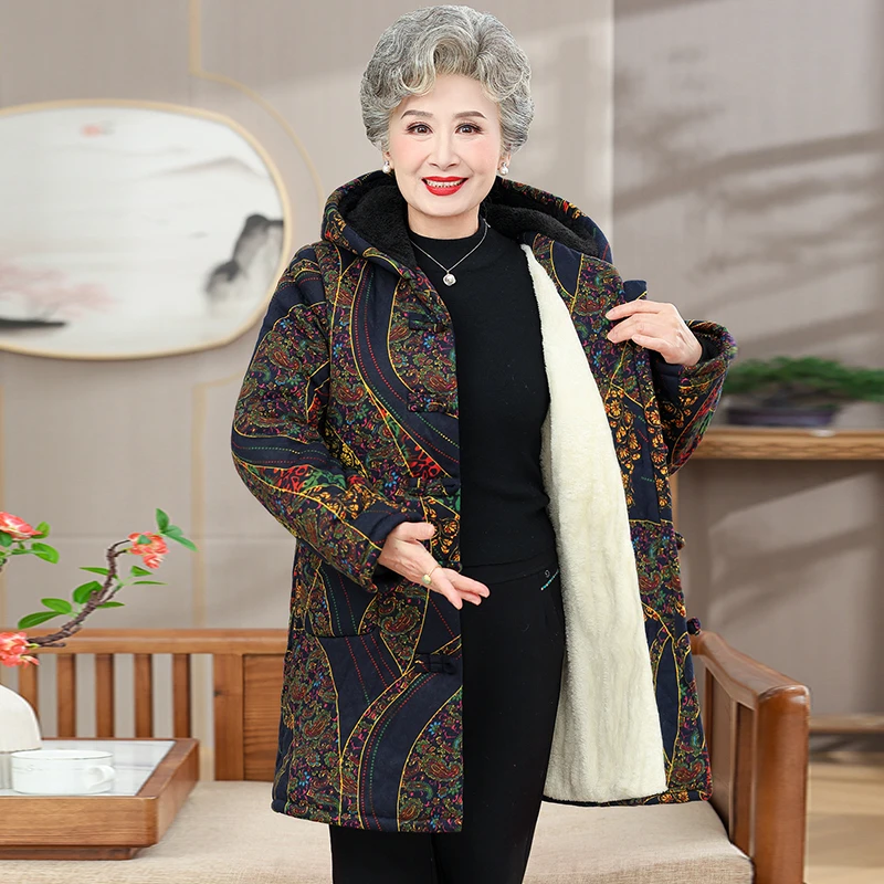 中老年女装冬装中长款棉衣老年人加绒加厚连帽棉服妈妈装保暖外套