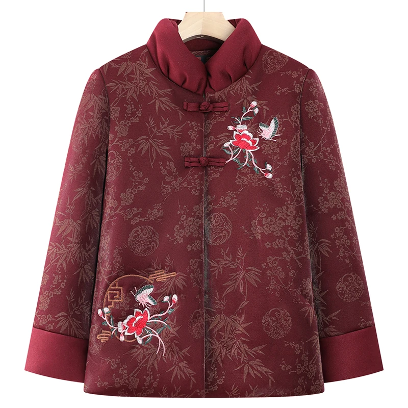 中老年人冬季加绒加厚棉衣妈妈装绣花外套老人衣服奶奶装复古棉袄