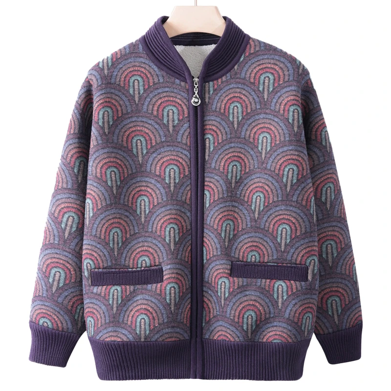 中老年人秋冬装保暖上衣加绒加厚妈妈装保暖外套洋气老太太针织衫