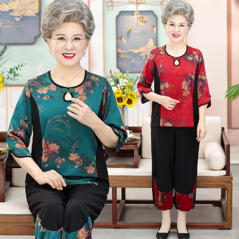 中老年女装夏装休闲套装老人衣服大码妈妈装洋气奶奶装薄款两件套