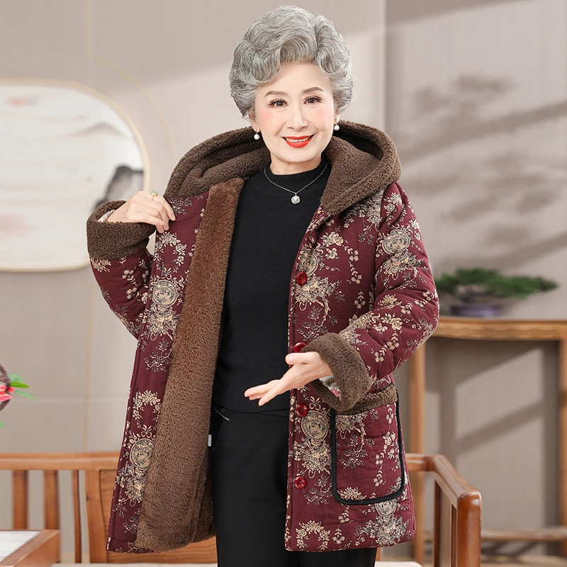 中老年人女装冬装棉衣加绒加厚妈妈装中长款连帽冬季棉袄老人衣服
