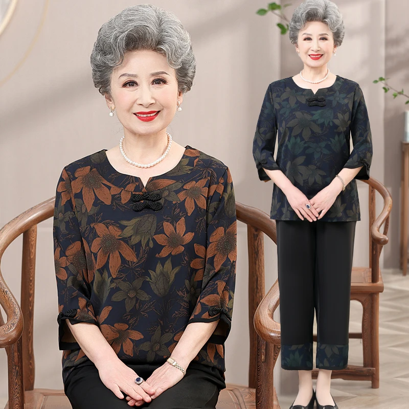 奶奶装夏装套装中老年大码女装两件套妈妈洋气老太太上衣老人衣服