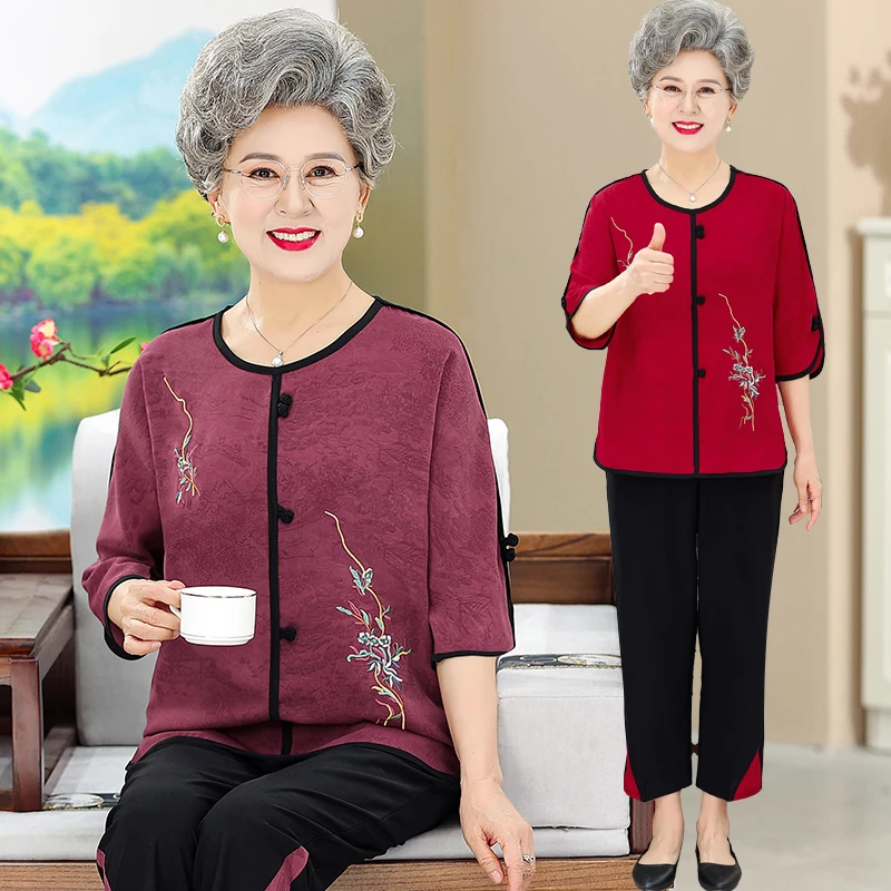 中老年女装夏季套装大码妈妈装薄款老人衣服洋气奶奶装绣花两件套