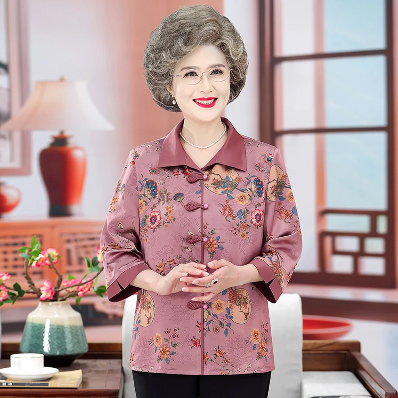 中老年女装夏季开衫衬衫大码妈妈装宽松老太太上衣洋气奶奶装衬衣
