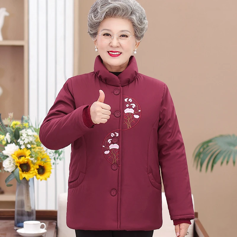 中老年妈妈装棉衣加绒加厚奶奶装立领绣花上衣老人衣服老太太棉袄