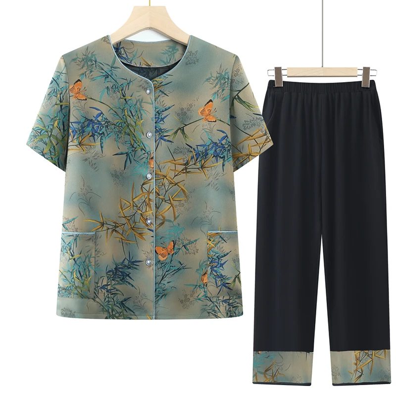 中老年女装夏季新款短袖套装妈妈装开衫上衣老人衣服奶奶装两件套