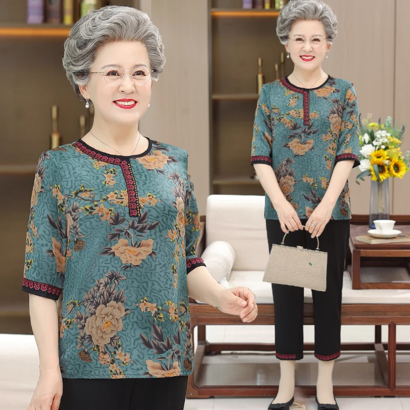 中老年女装中袖薄款套装洋气老太太衣服奶奶装夏季新款妈妈两件套