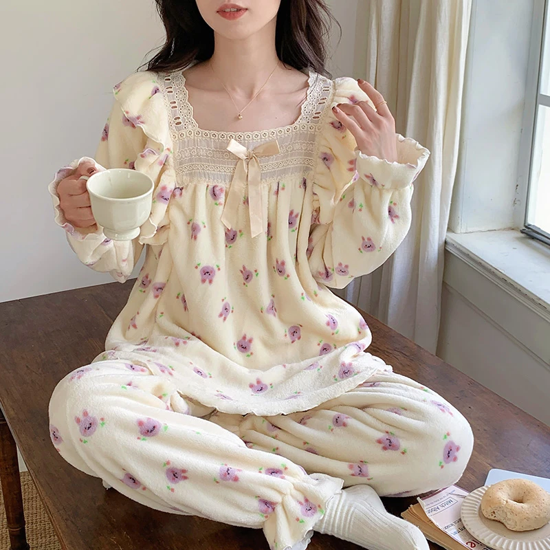 尹芳茗紫兔子套头甜美少女风冬季加绒加厚保暖提花绒女士家居服