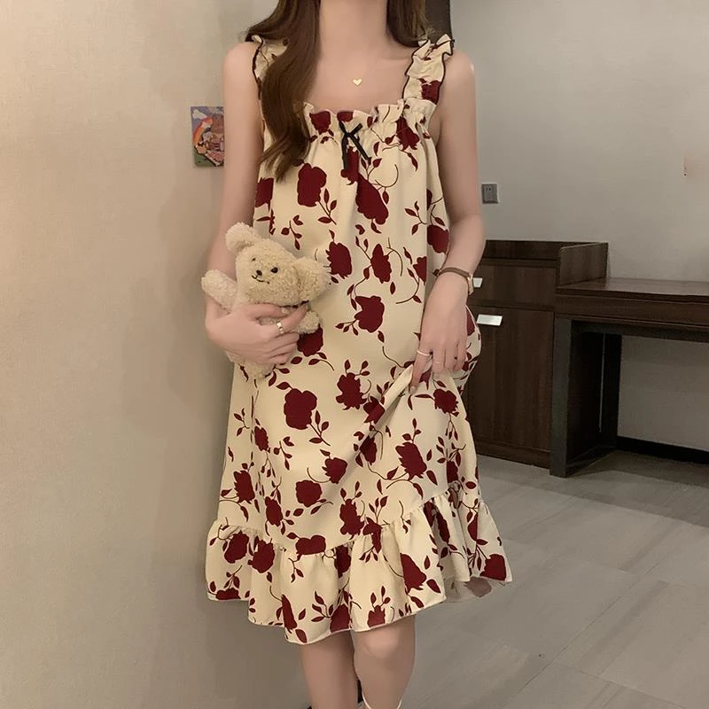 带胸垫睡裙女夏季吊带可外穿深棕花甜美网红风纯棉女士春秋家居服