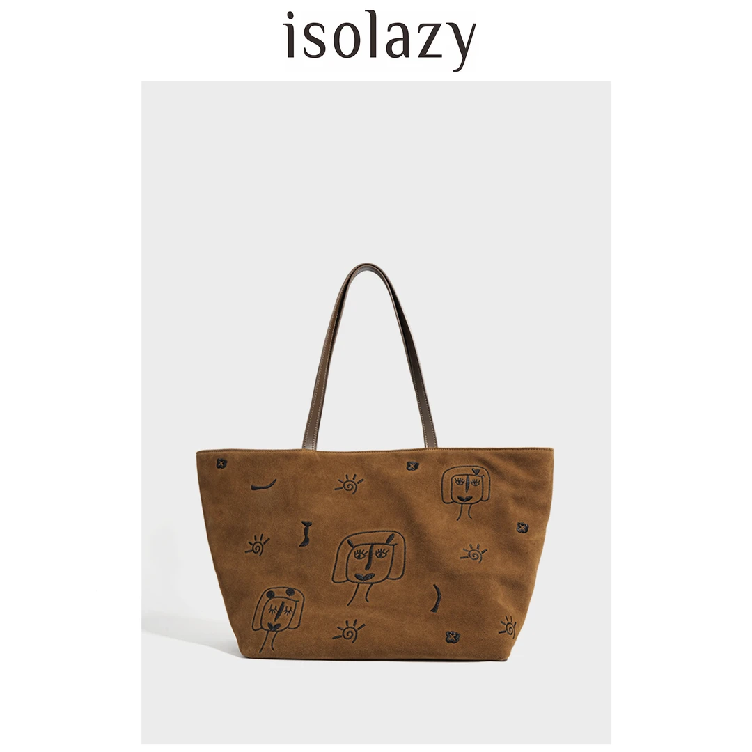 isolazy/小众抽象画磨砂牛皮单肩包大托特女士容量磨砂雅丹风