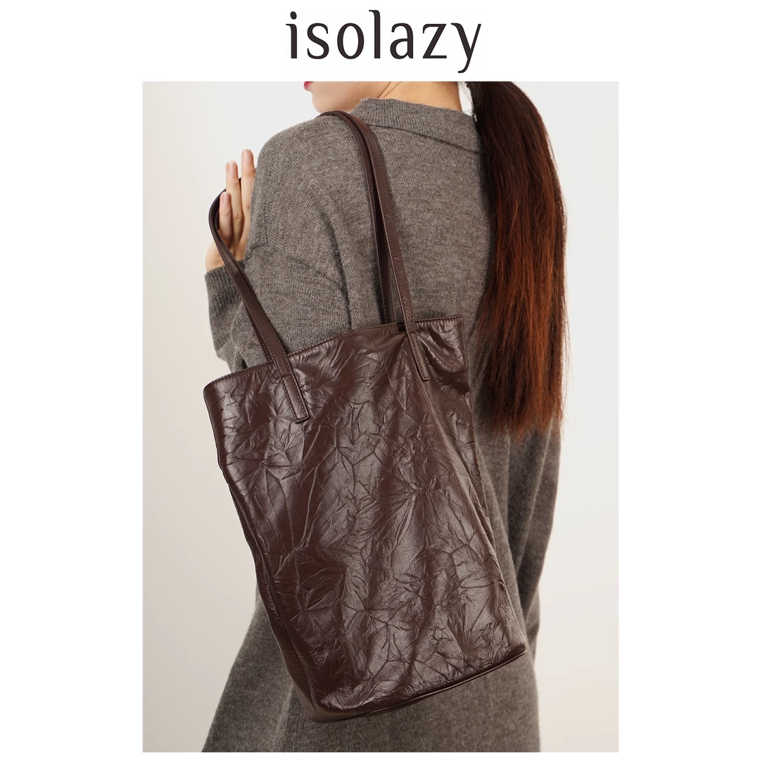 isolazy/小众设计头层牛皮单肩包女士简约手抓纹真皮托特包水桶包