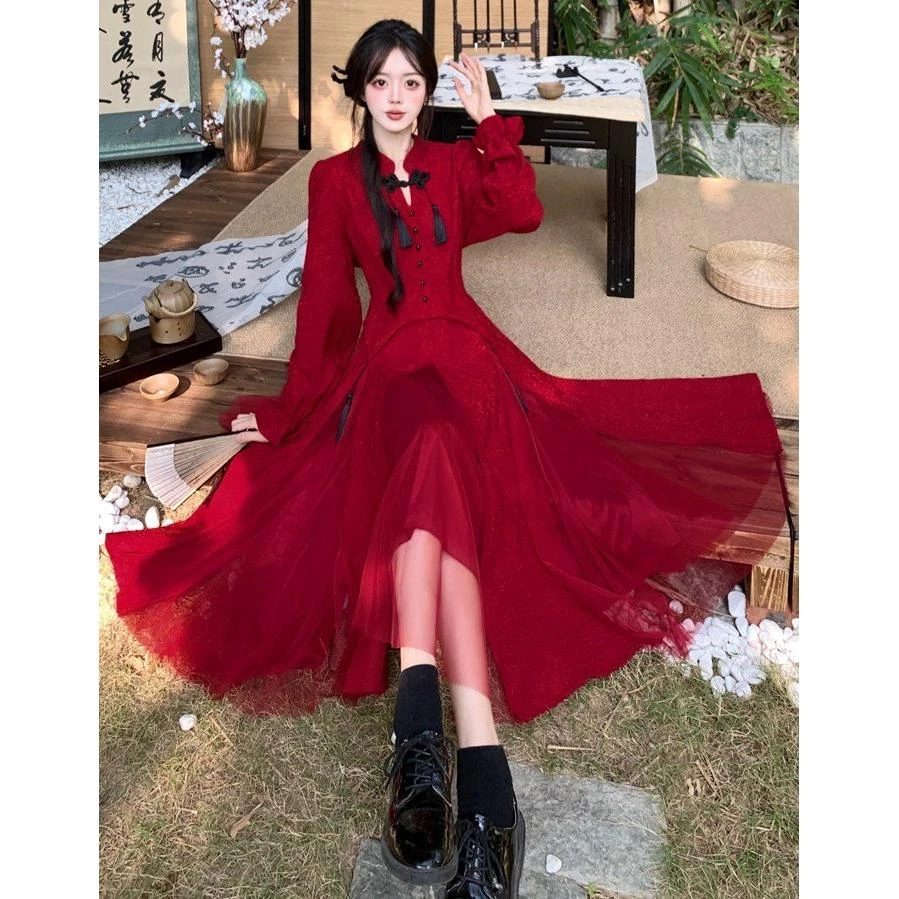 秋季新款胖mm设计感法式复古显瘦网纱拼接国风盘扣流苏连衣裙