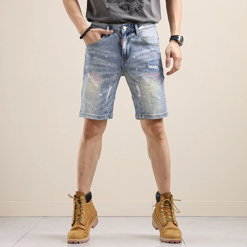 054新款夏季时尚刺绣破洞甩漆贴布宽松百搭微弹男士牛仔短裤男