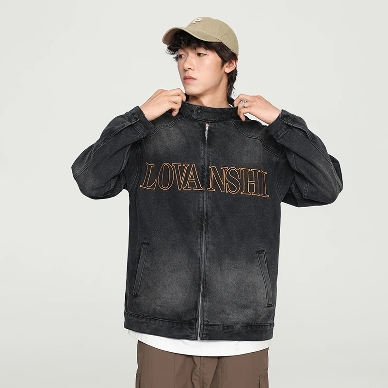秋季新款男牛仔外套时尚潮流烟灰宽松百搭牛仔夹克男士春秋帅气
