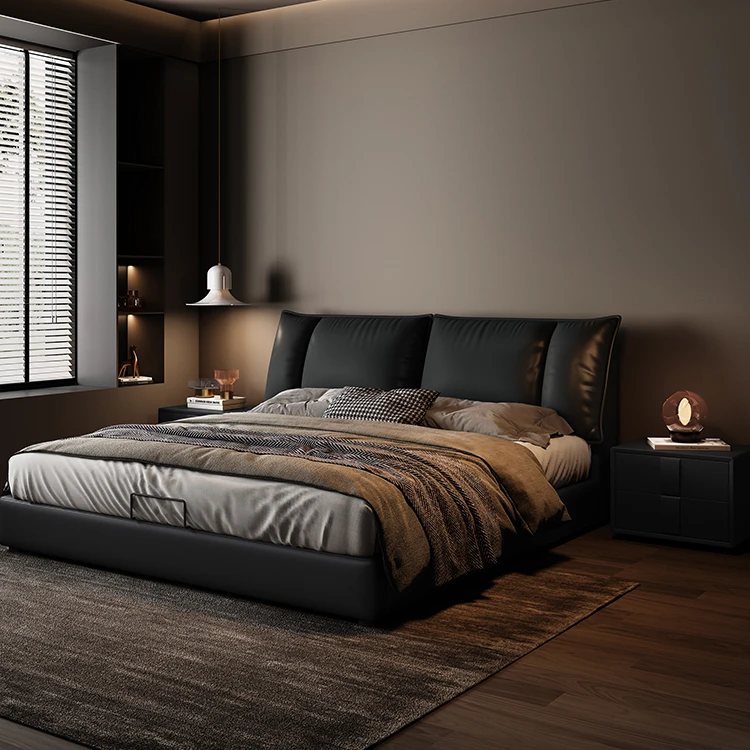 意式极简黑色真皮床主卧高端大气双人床2024新款1米8小户型齐边床