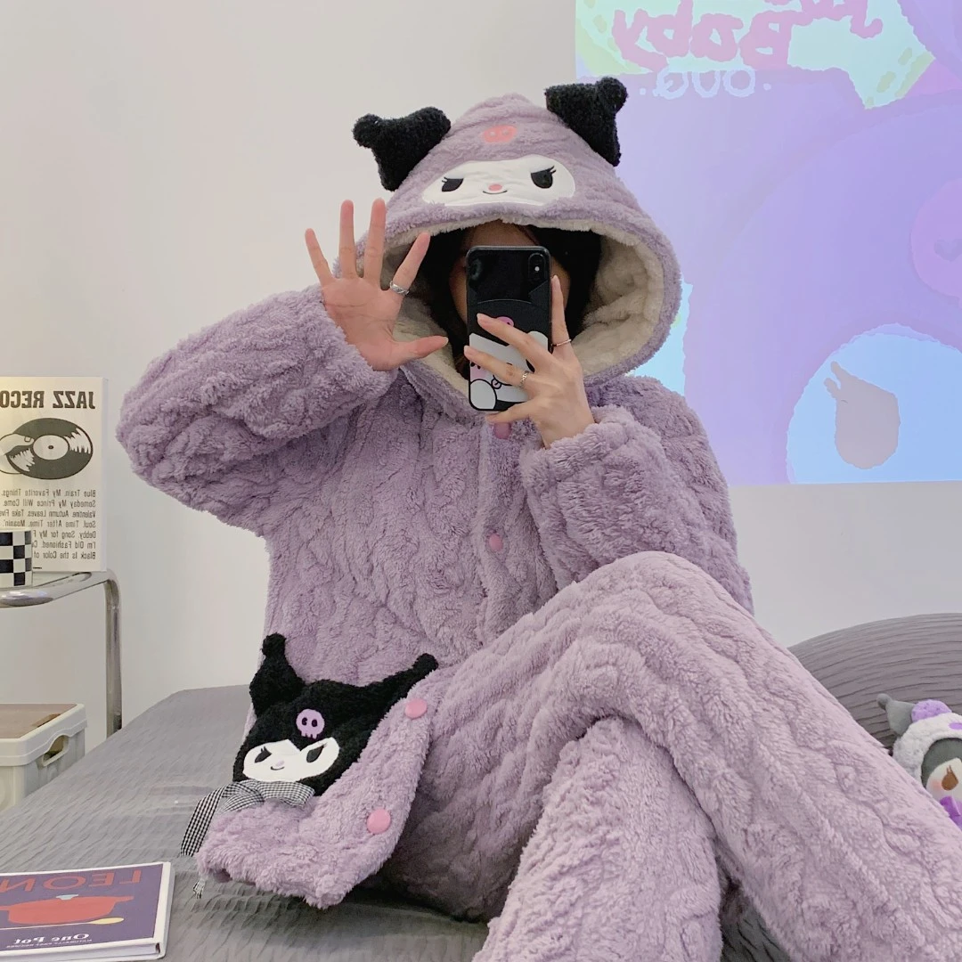睡衣女秋冬季珊瑚绒三层夹棉加绒加厚可爱卡通外穿库洛米套装