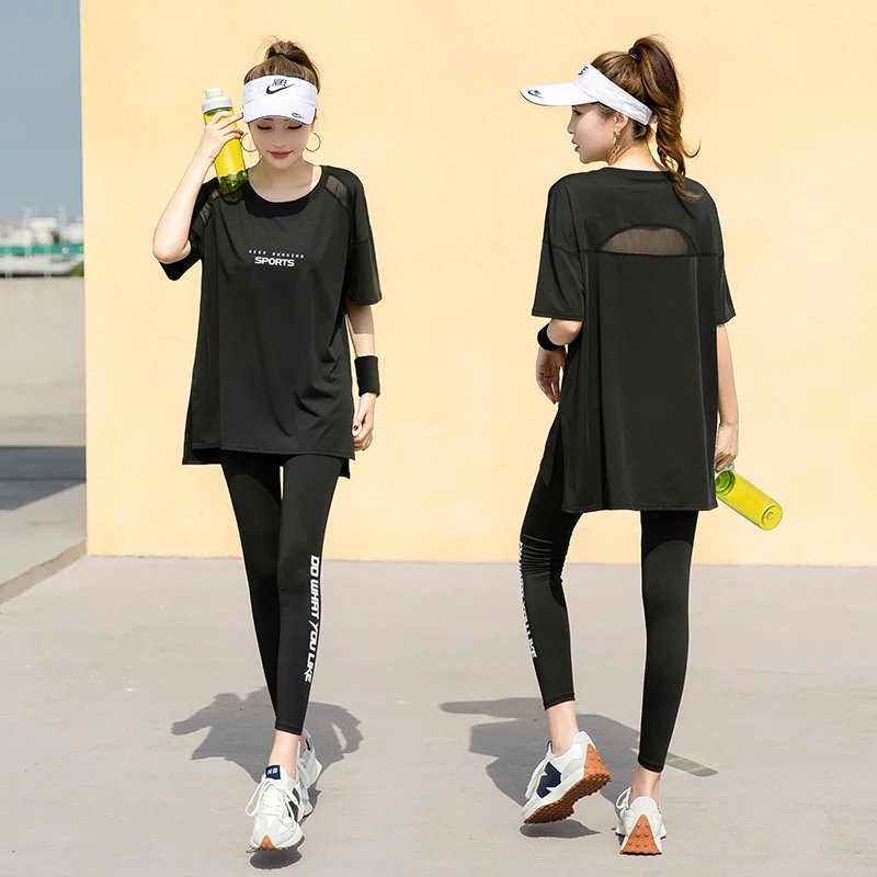 大码运动套装女2025新款瑜伽服宽松加长款遮臀晨跑步服速干健身衣