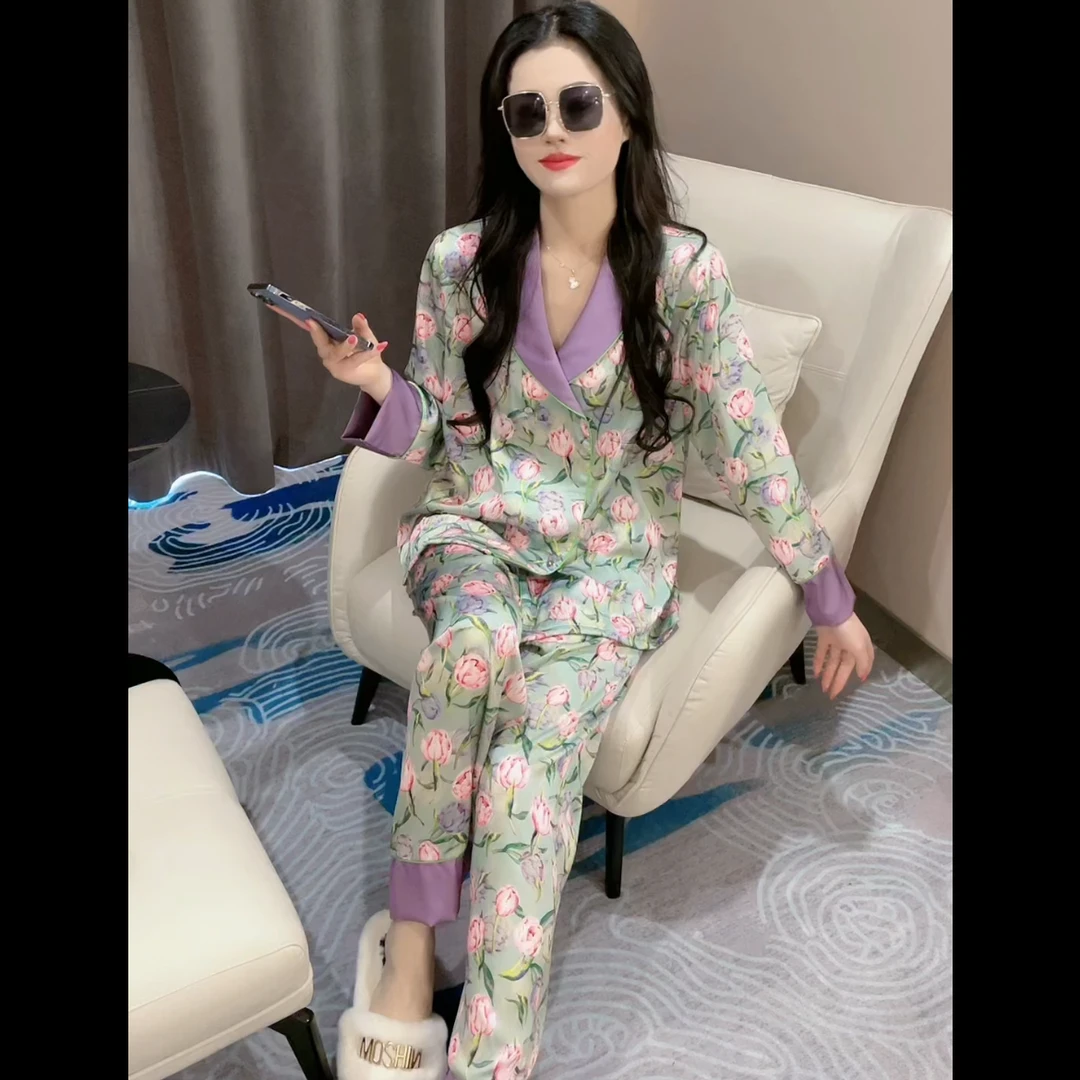 (紫鸳)春夏季韩版时尚休闲亲肤透气睡衣女家居服套装可外穿