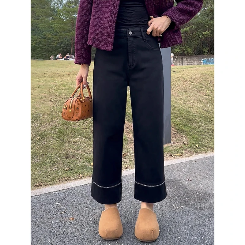 黑色加绒加厚直筒牛仔裤女大码胖MM腿粗屁股大弹力显瘦九分阔腿裤