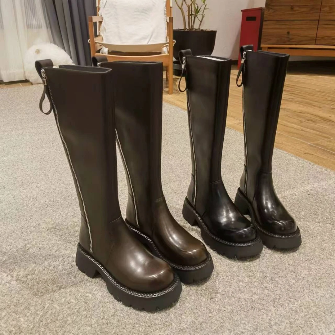 【HeiPa】安暖家【双拉链】复古风拼色长靴松糕底长筒靴冬季骑士