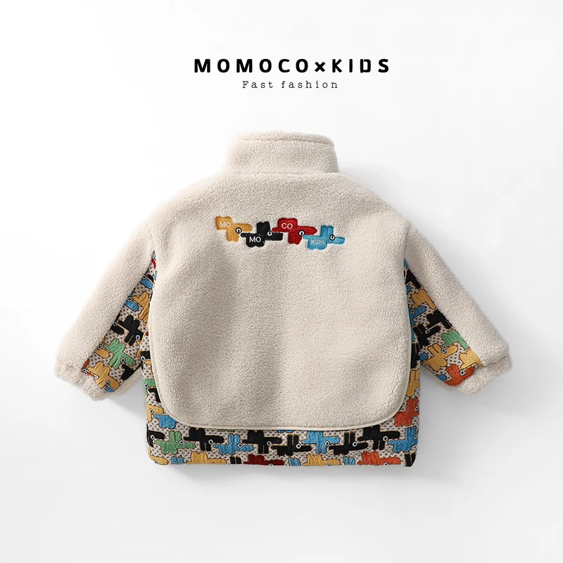 MOMOCO2023儿童新款冬季童装时尚花拼毛外套雅丹风格75430107006