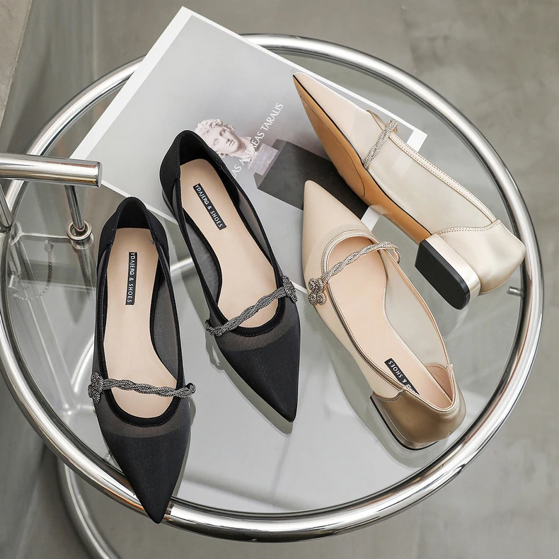 网纱浅口低跟单鞋水钻盘扣低跟扣带瓢鞋法式尖头女新款夏季310621