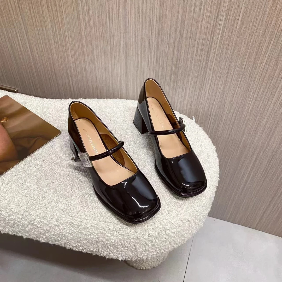 粗跟漆皮方头玛丽珍2024新款韩系高跟气质百搭仙女风单鞋17005-2