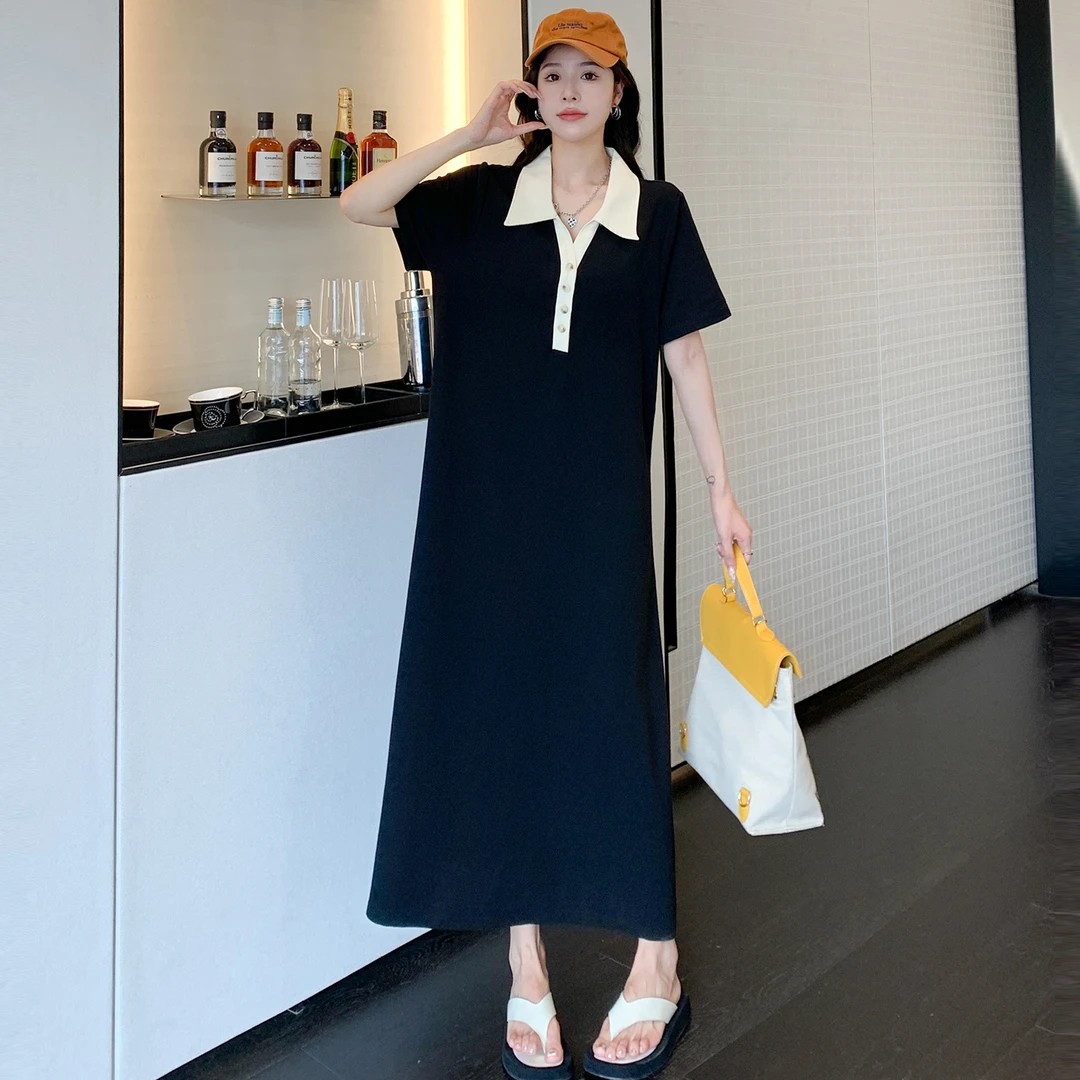 大码女装韩版宽松遮肚显瘦T恤长裙夏季胖mm高级感polo黑色连衣裙