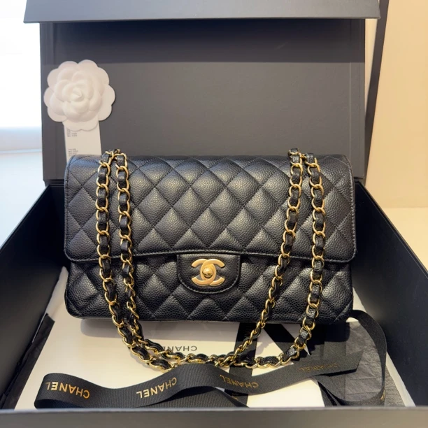 99新 Chanel/香奈儿 Cf中号荔枝牛皮 30开黑色牛皮 经典链条包