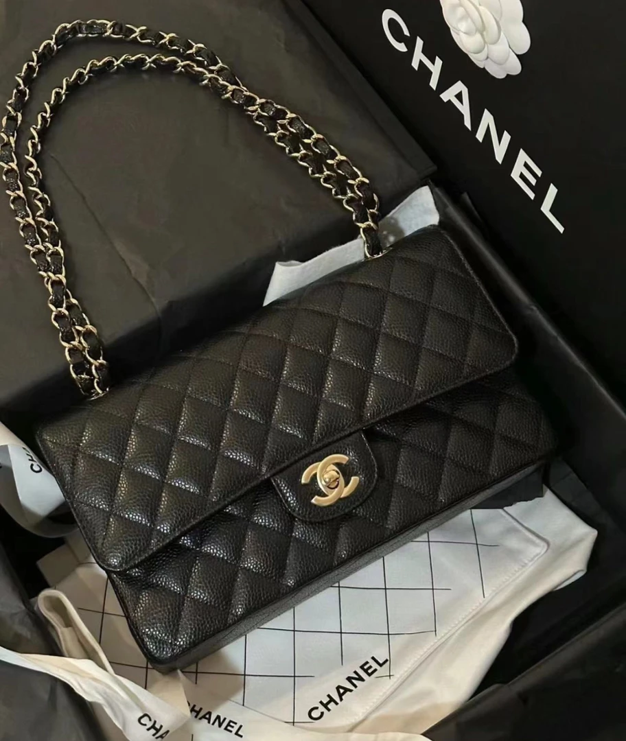未使用 Chanel/香奈儿 黑金CF中号荔枝牛芯片款 经典口盖包