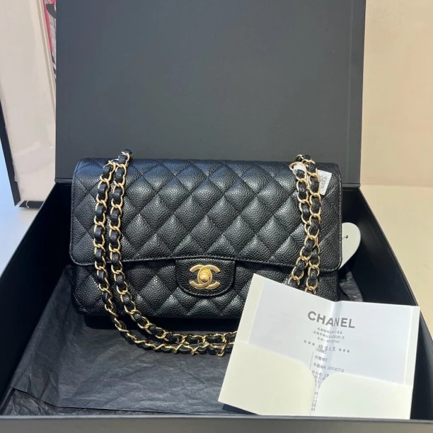 全新未使用 Chanel/香奈儿 黑金cf中号芯片款荔枝牛 翻盖口盖包