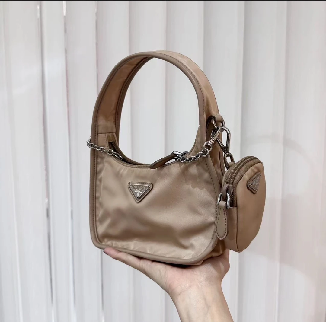 99新 Prada/普拉达 Prada奶茶色hobo 2005 二合一时尚腋下斜挎