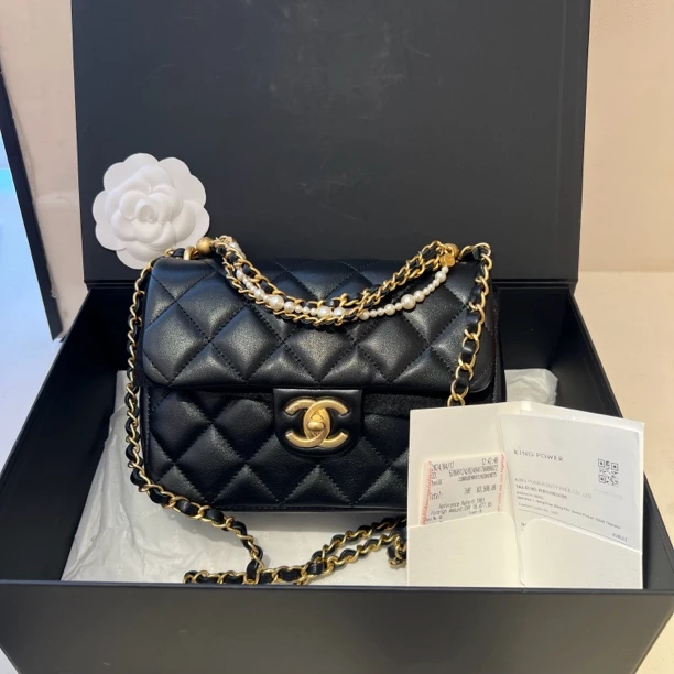 全新未使用 Chanel/香奈儿 黑金珍珠链条方胖子 24年芯片款