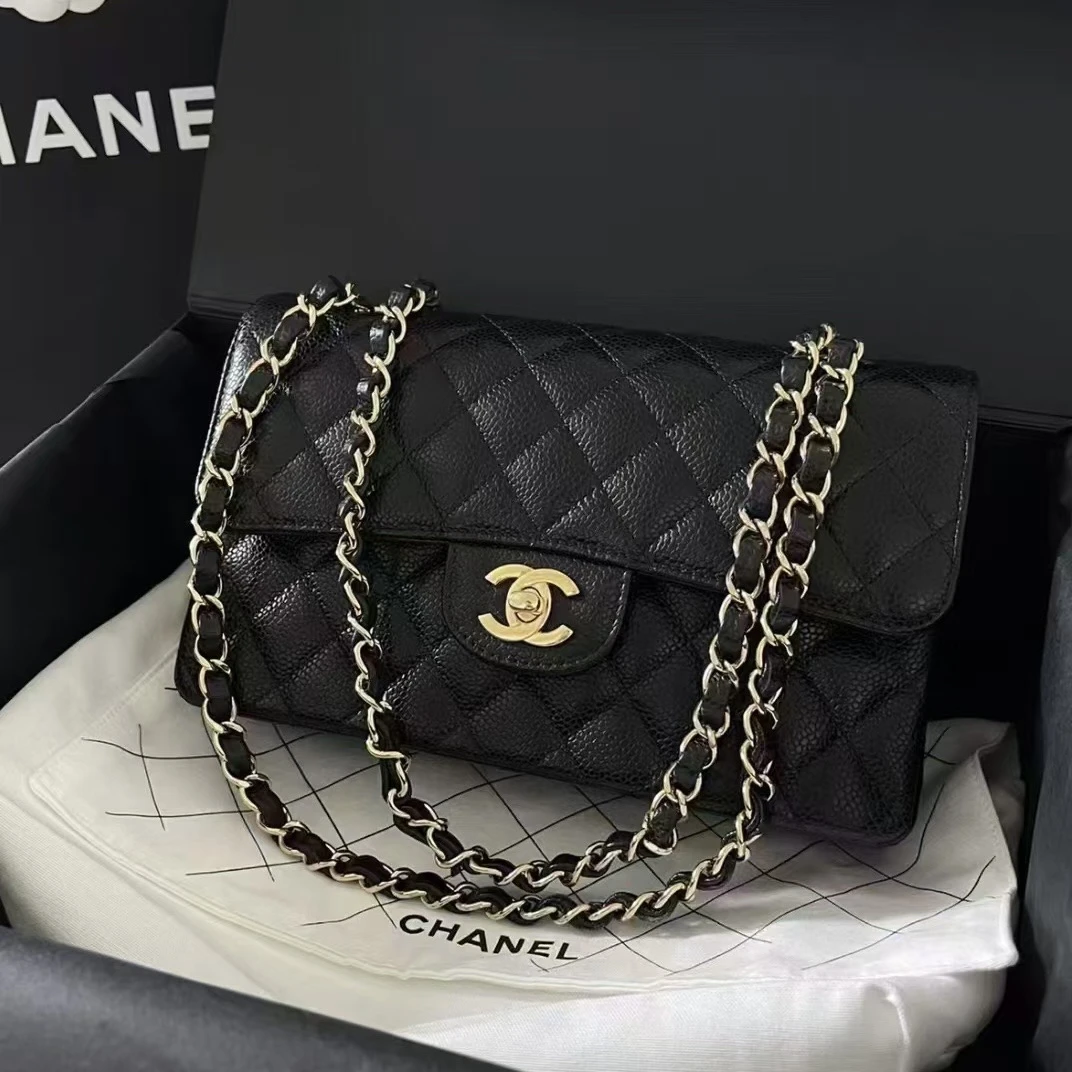 未使用 Chanel/香奈儿 黑金CF小号 荔枝牛 芯片款 口盖包鱼子酱