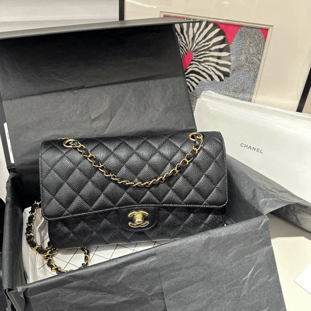 全新未使用 Chanel/香奈儿 黑金cf中号23年芯片款荔枝牛 链条包