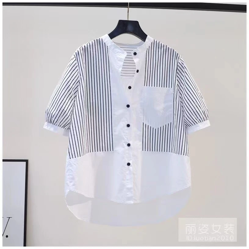 清仓捡漏~专柜撤回大众外贸小清新条纹衬衫女夏宽松短袖衬衣上衣