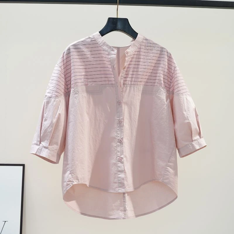 专柜撤柜剪标女装条纹中袖棉衬衫夏季宽松文艺范七分袖衬衣上衣潮