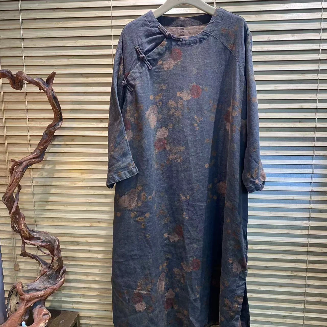 亚麻夏季复古做旧印花禅意斜襟圆领连衣裙【长112胸围148】中长款