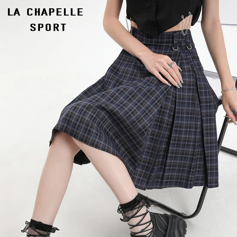 拉夏贝尔格子半身裙女高档a字百搭高腰时尚宽松显瘦学院风百褶裙