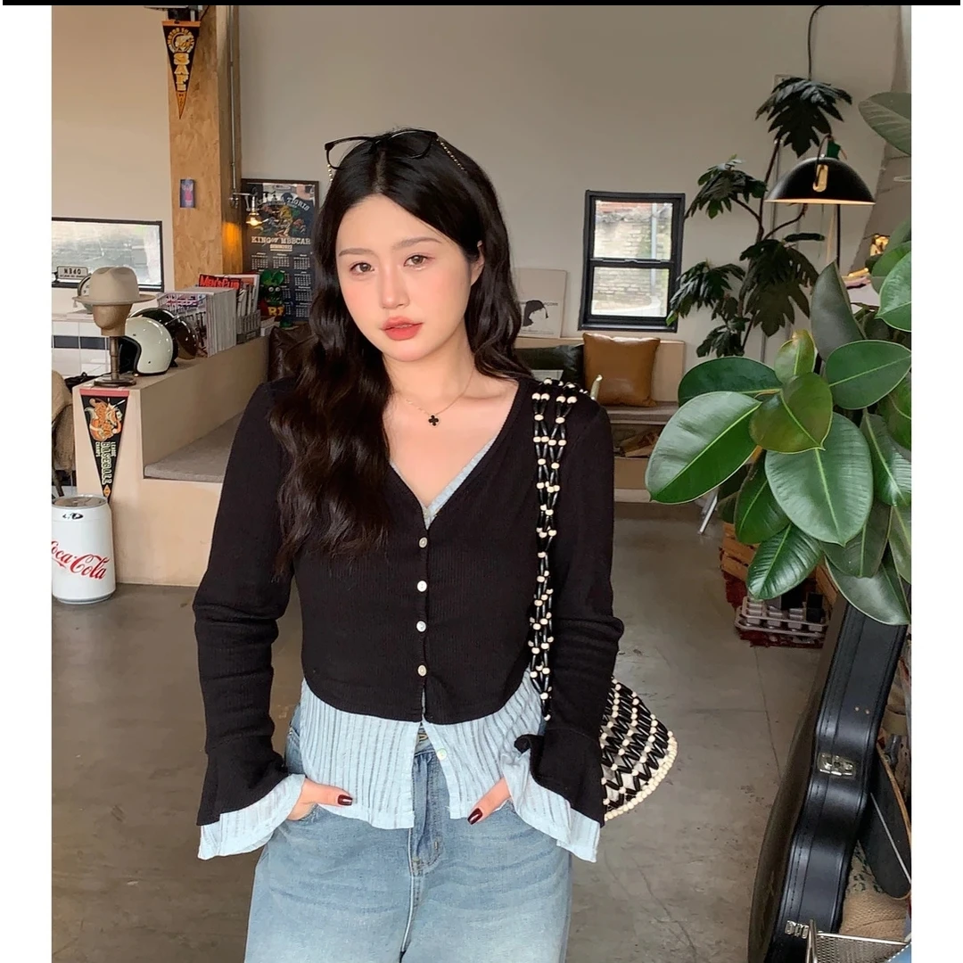 【8477】胖mm设计感假两件拼接长袖上衣女2024遮肚子显瘦正肩T恤