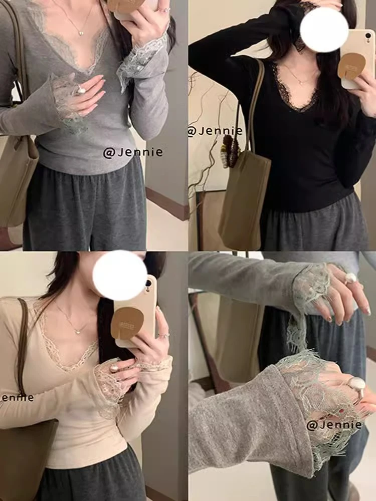 【8213】蕾丝花边V领T恤女冬季大码胖mm加厚磨毛气质长袖打底衫上衣