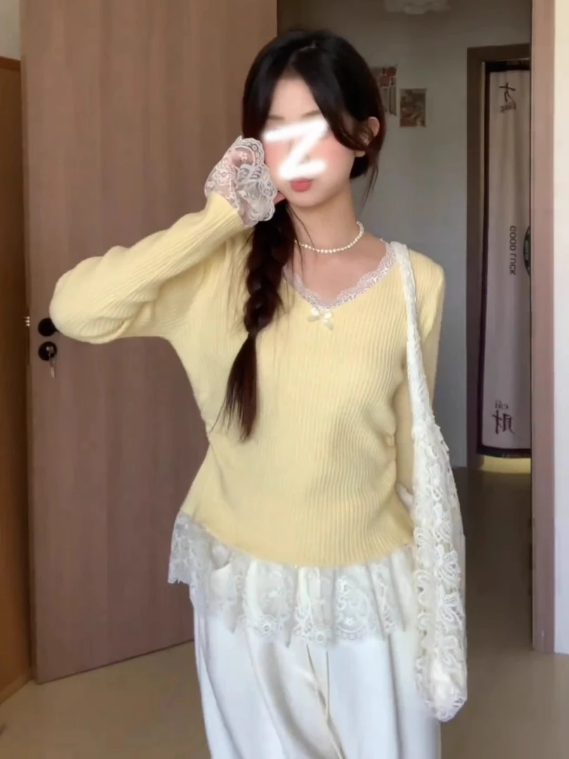 【8266】蕾丝拼接黄色针织衫法式气质温柔风绝美上衣女秋冬打底衫