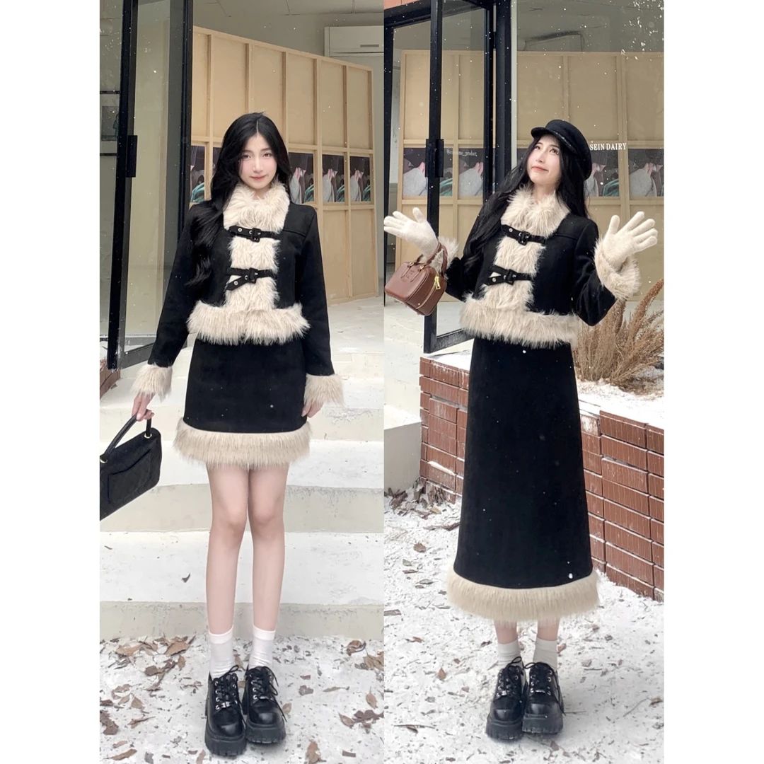 【7013】小香风外套女2024冬季新款胖mm毛领毛呢拼接撞色两件套裙
