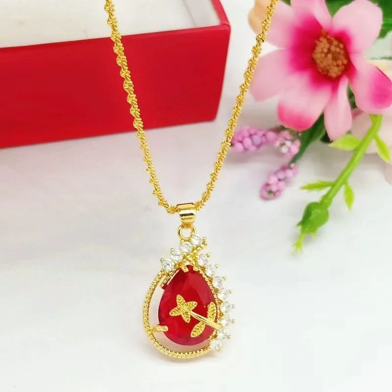铜合金项链 精品时尚【牡丹花红水滴项链】女款经典时尚气质百搭