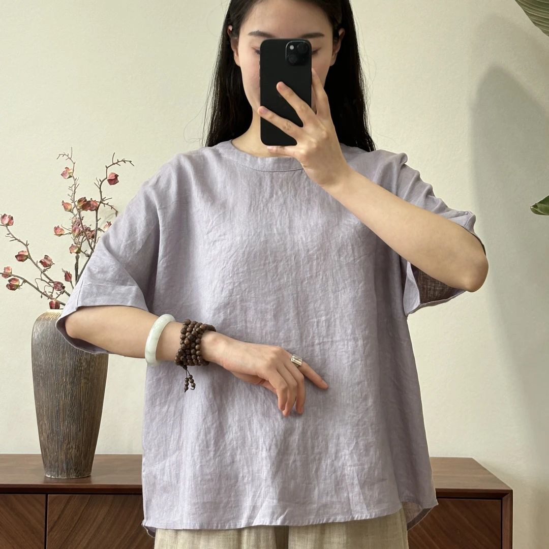 【夕颜】夏季亚麻套头衫时尚百搭简约宽松圆领连体袖女衫24042