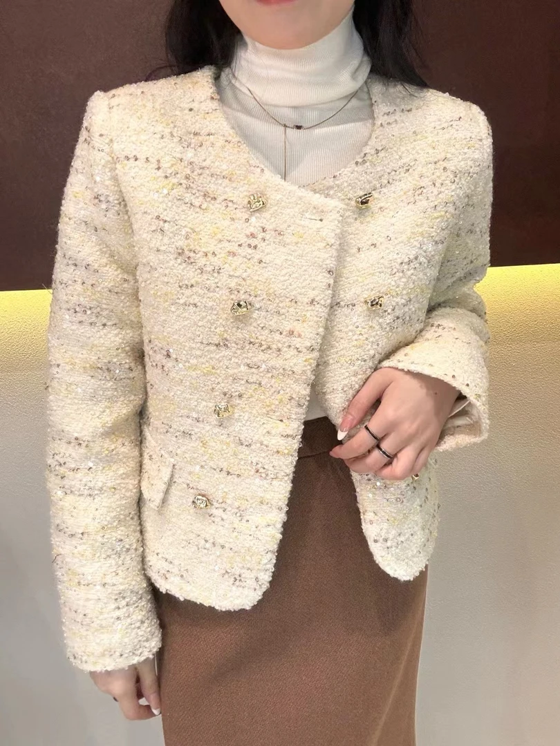 2024新款冬季气质网红高级感圆领双排扣羽绒小香风外套#9801