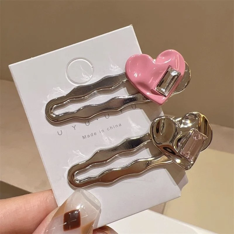 甜酷少女风粉色爱心大鸭嘴夹亮银色甜美波浪边夹合金发夹