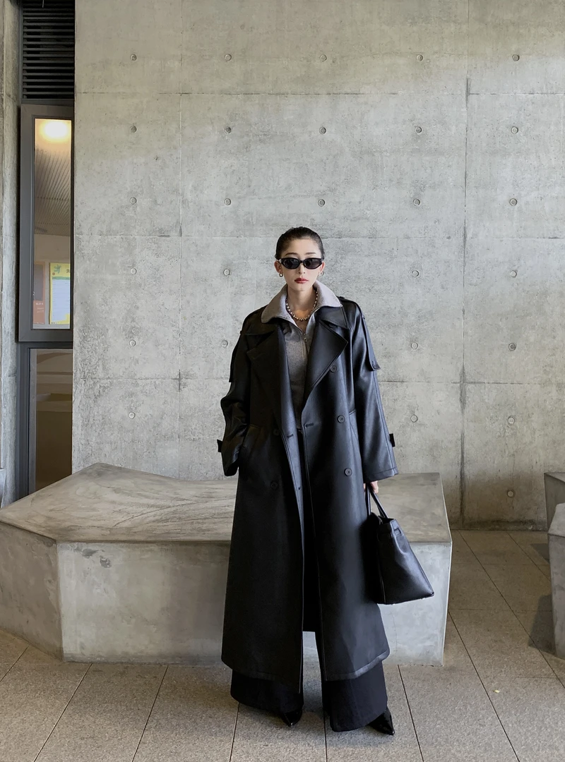 新款长款过膝皮衣女时尚百搭宽松显瘦收腰系列外套