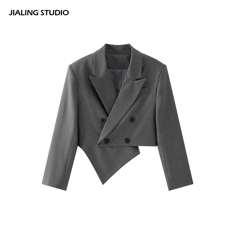 JLstudio2025春夏新款不规则垫肩西装女小个子黑灰色休闲小众时尚