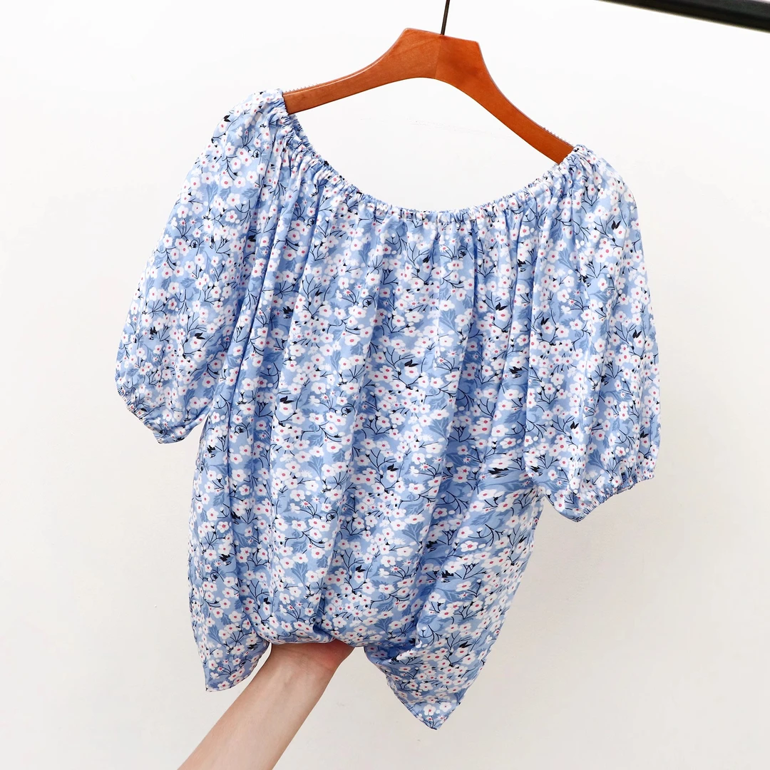 薄款棉绸上衣女清新夏季碎花T恤宽松休闲蝙蝠袖人造棉露肩一字领